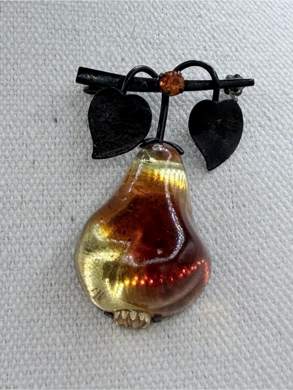 Vintage Austria Crystal & Metal Pear Brooch Pin Women Jewelry Fruit Fiery Amber